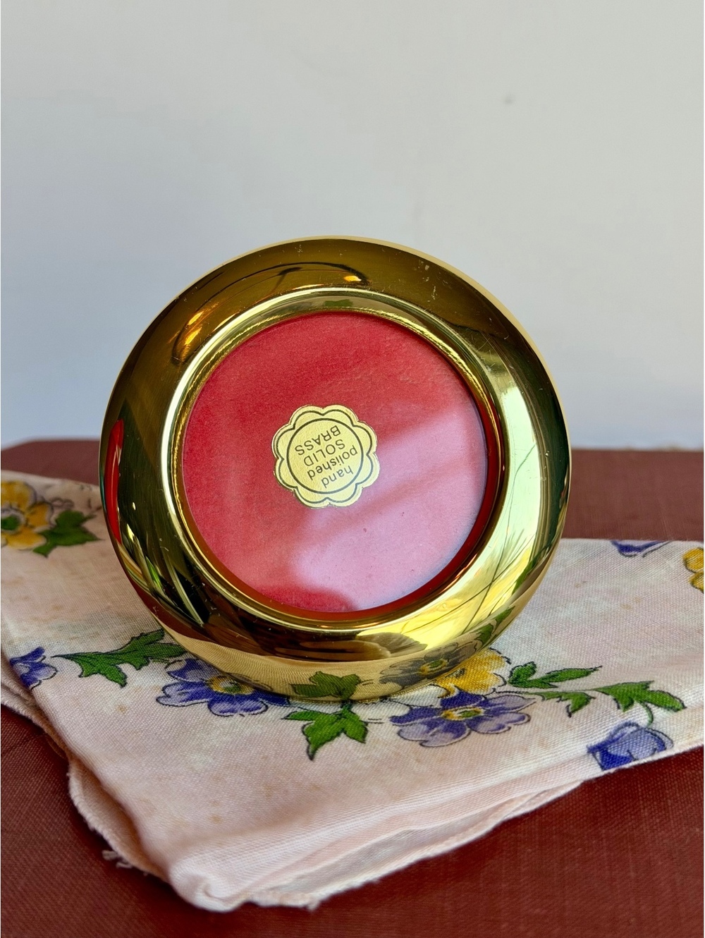 Vintage Solid Brass Round Picture Frame Made in Korea 3" Red Velvet